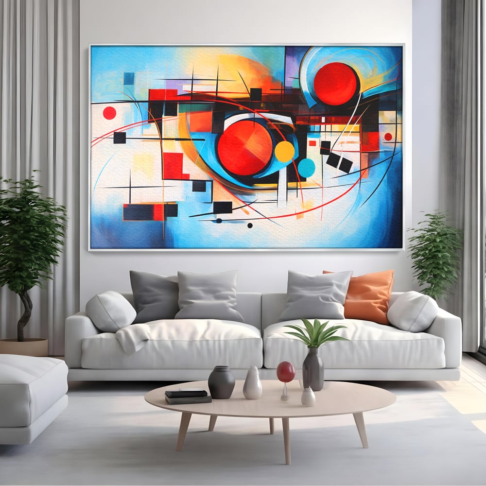 Tablou canvas cu pictura abstracta cu cercuri si linii, in rama de aluminiu argintiu, pe perete intr-un living
